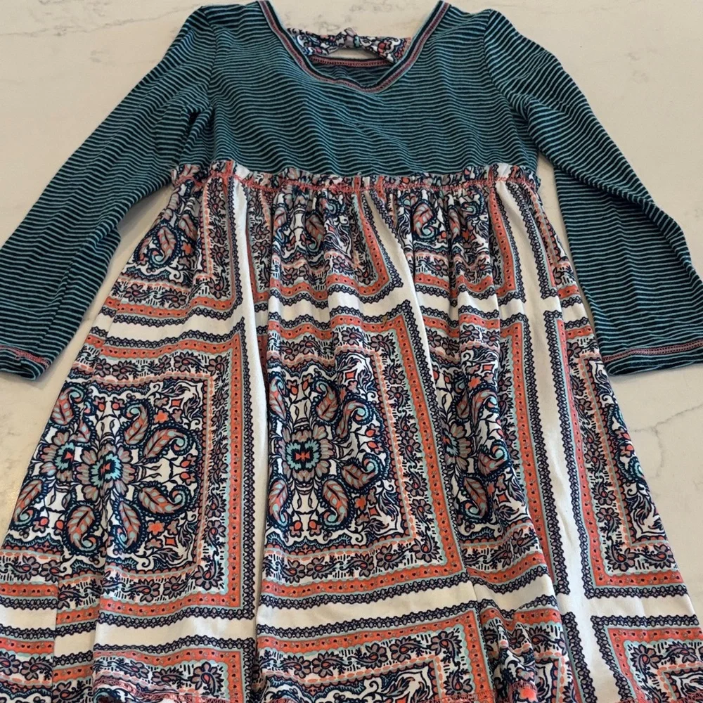 PinkVanilla Teal and Patterned Kids Dress with Red Floral Detail